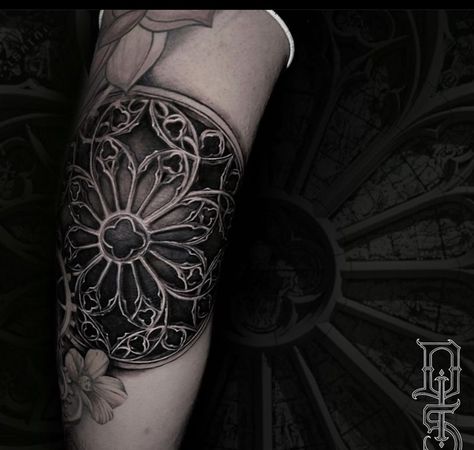 Church Window Tattoo Design, Rose Window Tattoo Design, Rose Window Tattoo, Full Leg Tattoos, Hand And Finger Tattoos, Elbow Tattoos, Half Sleeve Tattoos For Guys, Bicep Tattoo, Watch Tattoos