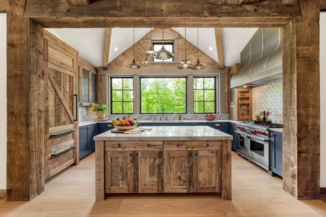 *Project: Vermont Mountain Home — Teaselwood Design Cabin Interiors Kitchen, Mountain House Kitchen, Primitive Cabin, Vermont Mountains, Timber Frame Cabin, Nature And Architecture, Stone And Wood, Floating Staircase, Open Concept Living Room