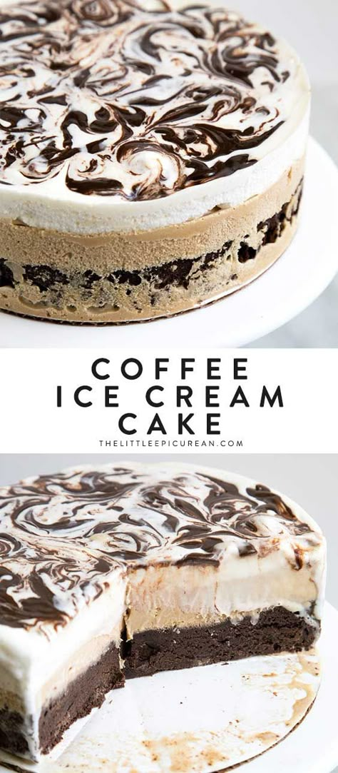 This coffee ice cream cake has a decadent brownie bottom topped with coffee ice cream and a layer of vanilla ice cream swirled with fudge. Chocolate Coffee Ice Cream Cake, Brownie Bottom Ice Cream Cake, Iced Cake Ideas, Mocha Ice Cream Cake, Coffee And Cream Cake, Heart Ice Cream Cake, I’ve Cream Cake, Coffee Ice Cream Cake Recipe, Brownies Birthday Cake Ideas