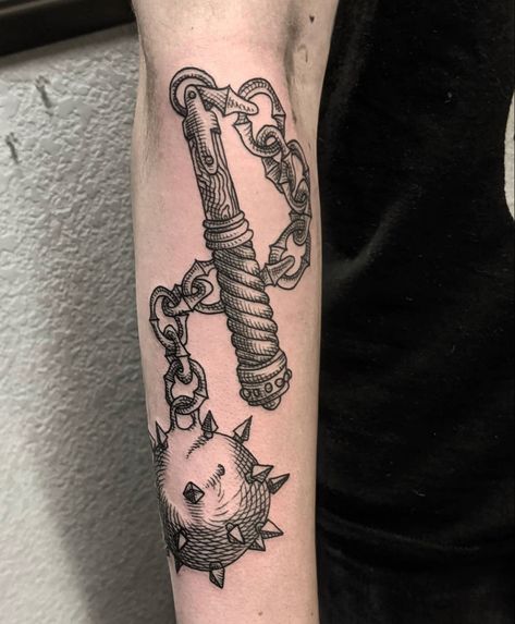 Jaylen Tattoo, Heart Mace Tattoo, Traditional Mace Tattoo Design, Flail Tattoo Blackwork, Flail Tattoo Design, Mace Tattoo Blackwork, Medieval Mace Tattoo Design, Morningstar Tattoo, Mace Tattoo