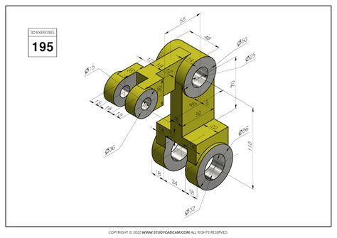 3D CAD EXERCISES 195 - STUDYCADCAM Autocad 3d Modeling, 3d Cad Exercises, Autocad Isometric Drawing, 3d Geometry, Isometric Drawing, Drawing Exercises, Autocad Drawing, Model Drawing, Drawing Practice