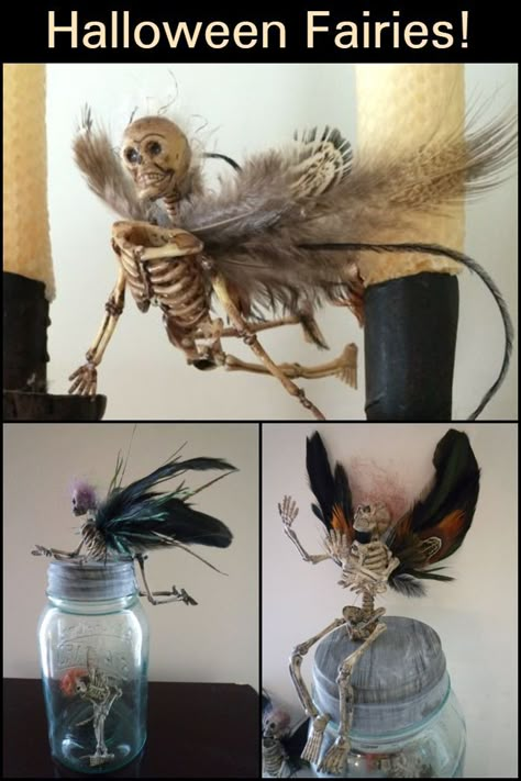 Create a different kind of fairy with your kids this Halloween season. These Halloween fairies are made of skeletons! Diy Skeleton Fairies, Dollar Tree Skeleton Fairy, Fairy Halloween Decorations, Skeleton Fairy Diy, Scary Fairies, Skeleton Fairies, Skeleton Crafts, Halloween Fairies, Fairy Skeleton