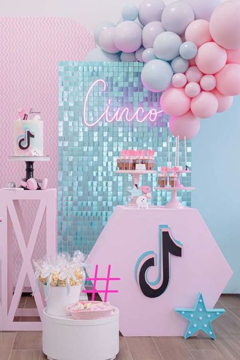 Tiktok Birthday Party Ideas, Tiktok Birthday Party, Birthday Tiktok, Tiktok Party, Tiktok Birthday, Dessert Table Backdrop, Girls Birthday Party Themes, Birthday Party Theme Decorations, 10th Birthday Parties