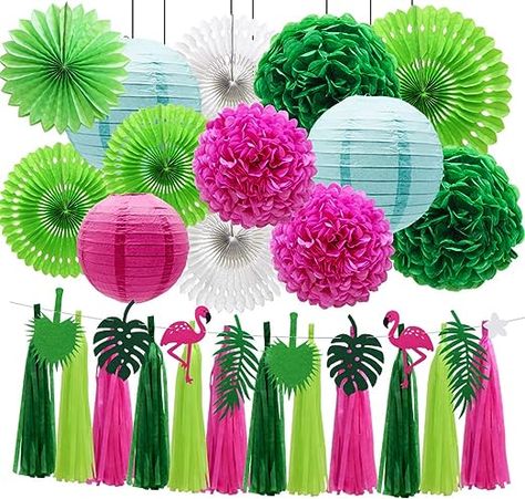 Paper Flamingo, Leaf Banner, Tissue Tassel Garland, Paper Pom Pom, Tropical Party Decorations, Party Fotos, Luau Theme Party, Cactus Party, Luau Theme