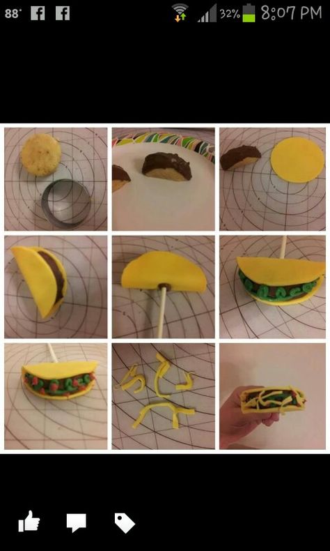 Taco cake pop tutorial I started with my cake pop mixture of vanilla cake and butter cream. Cut a 2" circle about 1/2" thick, cut in half .place in freezer to firm up.  Dip top of each half in milk chocolate melts . Cut a 2 3/4" circle of golden yellow fondant . Put a little water on fondant and wrap around cake. Place stick with a little chocolate to hold. Let sit and firm up . Then pipe on green melts for the lettuce. Then after lettuce firms up I piped tomatoes . While tomatoes are still melt Taco Themed Desserts, Taco Cakes Ideas, Taco Themed Cake, Taco Cake Pops, Cake Taco Ideas, Taco Bout A Baby Cake, Taco Themed Cake Pops, Cake Tacos, Cake Pops Graduation