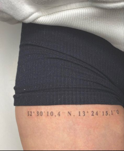 Coordinates Tattoo Thigh, Coordinates Tattoo Placement, Straight Line Tattoo, Hawaii Tattoo, Tattoo Pierna, Coordinates Tattoo, Hawaii Tattoos, Number Tattoos, E Tattoo