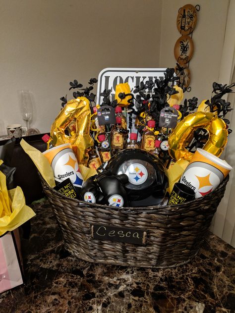 Steelers Gift Basket Steelers Gift Basket, Birthday Room Surprise, Steelers Gifts, Pittsburgh Food, Food Gift Baskets, Birthday Basket, Bf Gifts, Diy Birthday Gifts, Basket Ideas