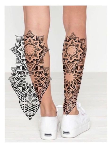 Geo Leg Tattoo, Geometric Mandala Leg Tattoo, Mandala Shin Tattoo Design, Ornamental Tattoo Leg Woman, Mandala Tattoo On Leg, Calf Mandala Tattoo, Mandala Tattoo Design Women Leg, Mandala Calf Tattoo, Geometric Mandala Tattoo Design Men