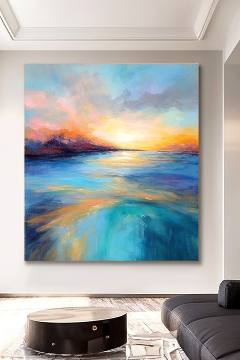 Original oil painting of a vibrant sunset seascape with turquoise waters and colorful sky reflections Sunset Seascape, Seascapes Art, Coastal Elegance, Calm Waters, Calm Water, Handmade Artwork, Coastal Wall Art, Handmade Oil, Original Oil Painting