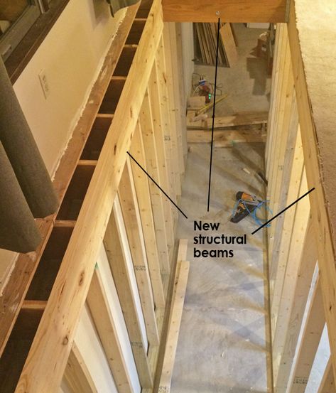 04a mosby move stairwell Moving Basement Stairs, Stair Layout, Stairwell Ideas, Small Basement Remodel, Stairs In Kitchen, Basement Guest Rooms, Moving Walls, Stairs In Living Room, Entry Stairs