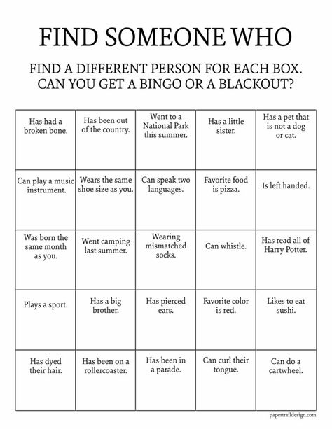 Find someone who bingo game. Find a different person for each box and try to get a bingo or a blackout. #papertraildesign firstdayofschoolideas #schoolideas #backtoschoolideas #backtoschool #teamactivities Find A Person Who Game, Find Someone Who Scavenger Hunt, Find Someone Who Game For Adults, People Bingo Printable, Find Someone Who Worksheet, Find Someone Who Icebreaker, Getting To Know You Bingo Ice Breakers, Bingo Ice Breaker Getting To Know, Find Someone Who Bingo For Adults