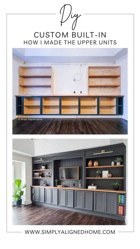 Homemade Built In Shelves, Faux Built In Cabinets, Custom Shelving Around Tv, Home Depot Built In Cabinets, Living Room Built Ins Diy, Built In Book Shelves Living Room, Custom Cabinets Built Ins, Stock Cabinets For Built In, Built In Entertainment Center Ideas