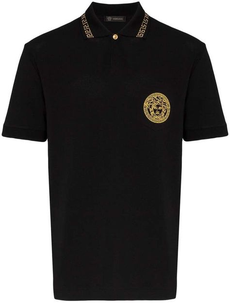 Versace medusa embroidered cotton polo shirt Versace Clothes, Turtle Neck Knit Sweater, Gucci Belt Outfit, Hugo Boss Suit, Pocket Embroidery, Polo Shirts For Men, Versace Logo, Black Polo Shirt, Versace Shirt