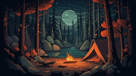 Fantasy Campsite Art, Camping Background Landscape, Camping Aesthetic Drawing, Tent Illustration Camping, Camping Scene Drawing, Campsite Painting, Campsite Drawing, Camping Illustration Art, Campsite Illustration