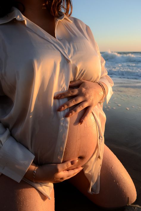 Beach Maternity Photoshoot in silk button up dress shirt Maternity Photos Button Down Shirt, Button Up Shirt Maternity Shoot, White Button Down Maternity Shoot, White Beach Maternity Shoot, Maternity Photography White Button Up, Beach Maternity Photoshoot, White Button Shirt, Silk Button Up, Beach Maternity