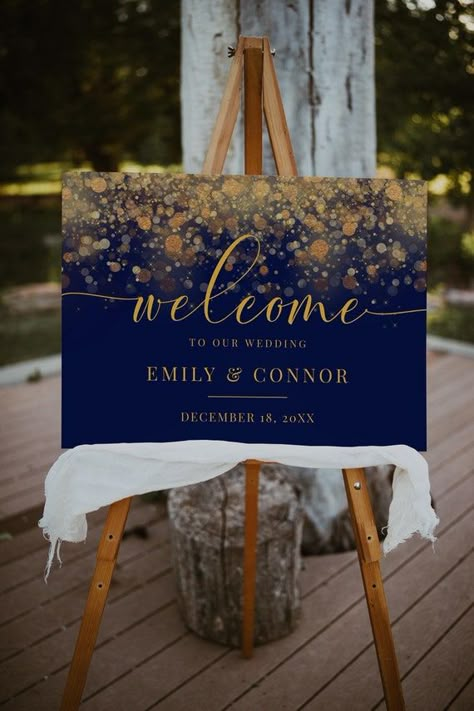 Welcome Wedding Sign Blue and Gold Welcome Wedding Sign Gold | Etsy Navy Blue And Gold Wedding, Blue Wedding Decorations, Gold Bokeh, Blue Gold Wedding, Welcome Wedding Sign, Beach Theme Wedding Invitations, Gold Wedding Theme, Royal Blue Wedding, Gold Wedding Decorations