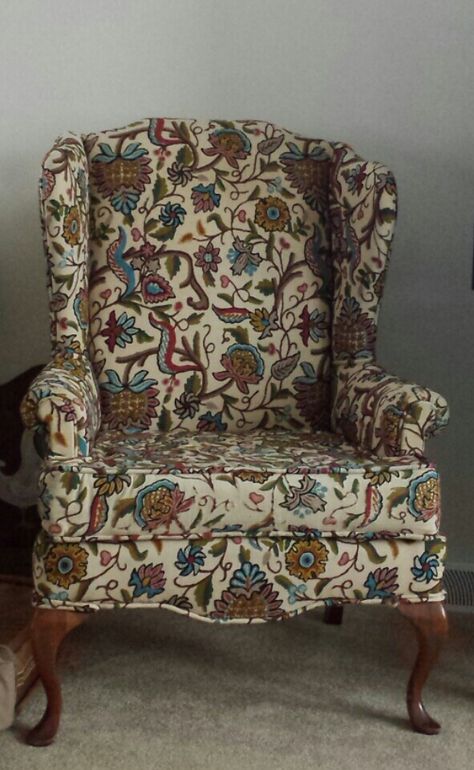 My favorite chair!  Reupholstered by my grandmother.  Passed along to me by my cousin.  Wool embroidery,  great colors, a little wildly boho looking, a fun vintage armchair. Arm Chair Aesthetic, Reupholster Arm Chair, Vintage Chairs Living Room, Grandma Chair, Yule Witch, Vintage Arm Chair, Old Armchair, Patchwork Armchair, Apartment Living Room Layout