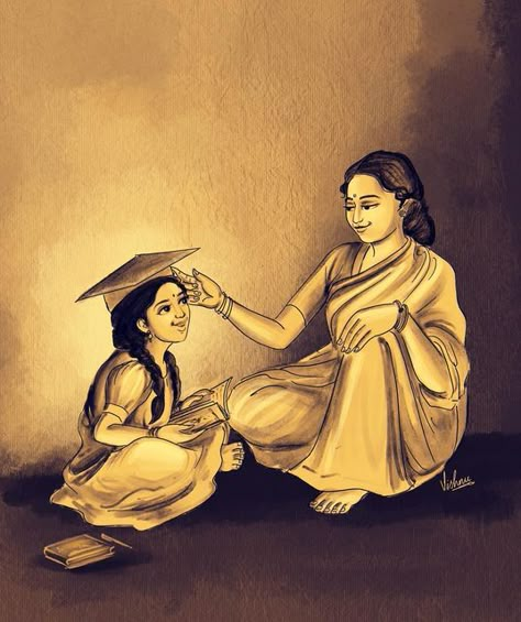 Mother Daughter Animation, Aesthetic Mom Pics, Indian Mom Aesthetic, Mom Daughter Cartoon, Mom Pictures Aesthetic, Indian Mom Illustration, Mothers Day Drawings Ideas Art Projects, Mom Daughter Illustration, Mom And Two Daughters Drawing