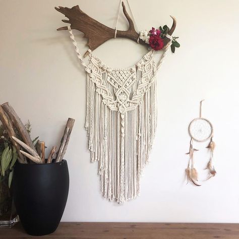 Macrame On Antlers Diy, Deer Antler Macrame, Macrame Living Room, Macrame With Deer Antlers, Moose Antler Macrame, Antler Macrame, Macrame Antlers Wall Hangings, Antler Macrame Wall Hangings, Melbourne Art