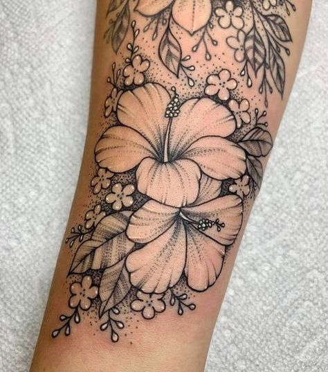 Cassandra Sanik Tattoos on Instagram: "I added some hibiscus flowers the other day on @dommiiid ... Swipe to see the healed flowers from last year🤍 . Done at @bittersweetblackbirdtattoo using @axysrotary Valhalla . #tattoo #hibiscus #ladytattooers" Mandala Hibiscus Tattoo, Womens Back Of Calf Tattoo, Shaded Hibiscus Tattoo, Hibiscus Half Sleeve Tattoo, Beach Flower Tattoo Ideas, Hibiscus And Monstera Tattoo, Beach Floral Tattoo, Sunflower And Hibiscus Tattoo, Hawaii State Flower Tattoo