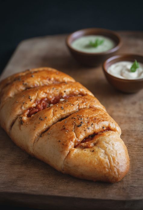 Homemade Stromboli Recipe  Ingredients  - 1 pound pizza dough - 1 cup marinara sauce - 1 1/2 cups shredded mozzarella cheese - 1/2 cup sliced pepperoni - 1/2 cup sliced bell peppers - 1/4 cup grated Parmesan cheese - 1 teaspoon Italian seasoning - 1 egg (beaten, for egg wash) - Olive oil (for brushing) - Flour (for rolling out dough)  Full Cooking Instructions on... Dough For Stromboli, Homemade Stromboli Recipe, Stromboli Dough, Crockpot Lasagna Soup Recipe, Homemade Stromboli, Stromboli Recipe, Italian Sandwich, Meatball Soup, Pizza Night