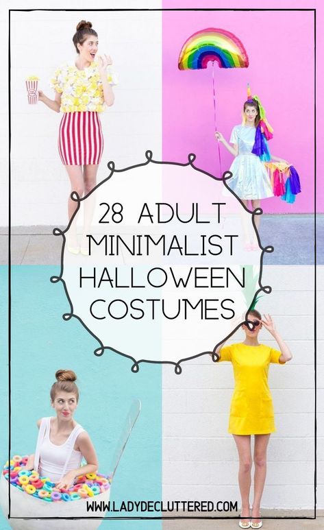 The idea of having an elaborate costume for yourself might just be a real-life Halloween nightmare!  This year why not try a different approach and find yourself a minimalist Halloween costume? A minimalist costume that will still make people laugh, scream, or give you a solid thumbs up.  There are so many to choose from I promise you won’t feel deprived this Halloween. #ladydecluttered#halloweencostumes#adulthalloweencostumes#minimalisthalloweencostumes#diyhalloweencostumes Halloween Food Costumes, Simple Halloween Cookies, Halloween Easy Diy, Minimalist Halloween Costume, Easy Diy Halloween Costumes, Kindergarten Halloween, Costumes For Work, Halloween Costumes For Work, Lazy Halloween Costumes