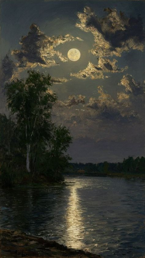 Moon River Aesthetic, Moon Painting Aesthetic, Evening Wallpaper Aesthetic, Moonlit Field, Melancholy Painting, Unrealistic Art, Cloud Paintings, Pretty Landscapes, Old Paintings