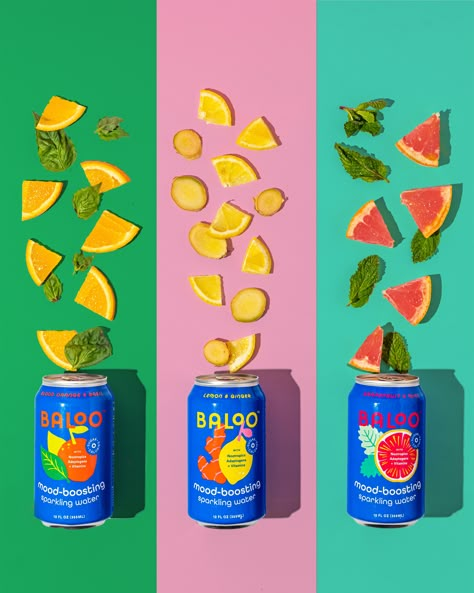 Baloo's Instantly Uplifting Packaging Design Visualizes The Mood-Boosting Drink Within | Dieline - Design, Branding & Packaging Inspiration Mocktail Packaging Design, Sparkling Water Packaging, Quirky Packaging, Mood Drinks, Drink Branding, Graphic Designer Studio, Beverage Branding, Bottle Photography, Happy Drink