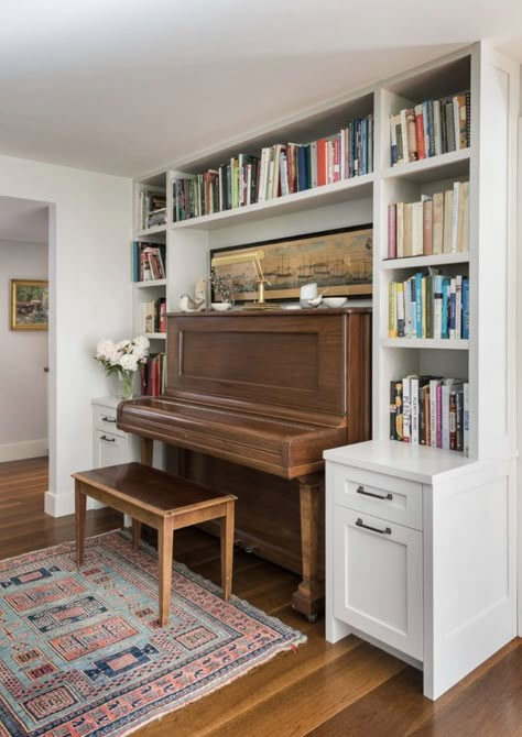 Scandinavian Piano Room, Piano In Library Room, Small Office With Piano, Piano Focal Point Living Room, Piano In Living Room Small Spaces, Bookshelf Around Piano, Piano Library Wall, Office And Piano Room Combo, Piano In Bookcase