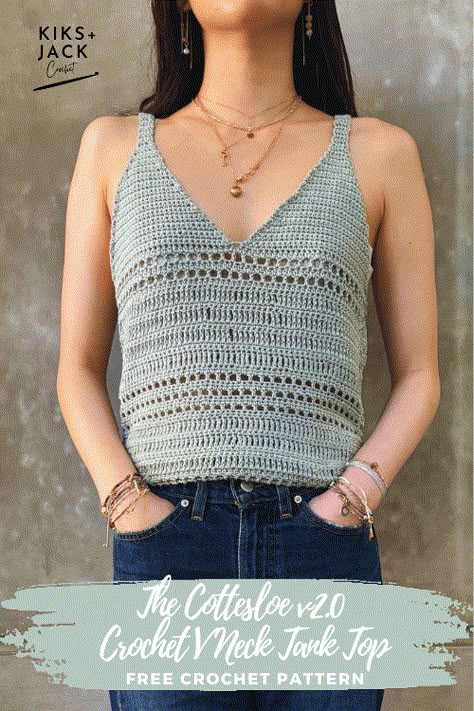 Crochet V Neck Tank Top Free Pattern - Kiks and Jack Crochet Crochet Tank Top Free Pattern, Tank Top Free Pattern, Crochet Tank Top Free, V Neck Crochet, Crochet Halter Top Pattern, Halter Top Pattern, Crochet Garments, Crochet Sweater Free, Beach Crochet