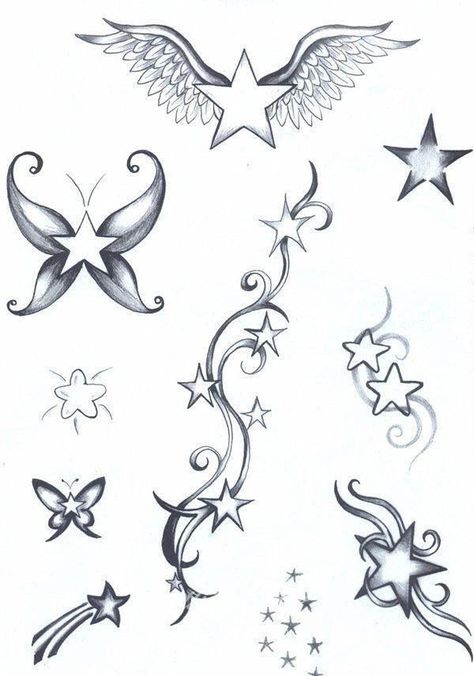 American Traditional Star, butterfly, Wing, tattoo flash sheet inspo Star Tats, Sharpie Tattoos, Star Tattoo Designs, Flash Sheet, Tattoo Flash Sheet, Star Tattoo, Pretty Tattoos For Women, Tattoo Style Drawings, Tattoo Design Book