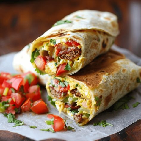 Delicious breakfast burritos with sausage, veggies, and cheese wrapped in warm tortillas. Perfect for a hearty morning meal. Turkey Sausage Breakfast Burritos, Breakfast Wrap, Sausage Wrap, Turkey Breakfast Sausage, Breakfast Burritos Recipe, Breakfast Wraps, Cheese Wrap, Burritos Recipe, Sausage And Egg