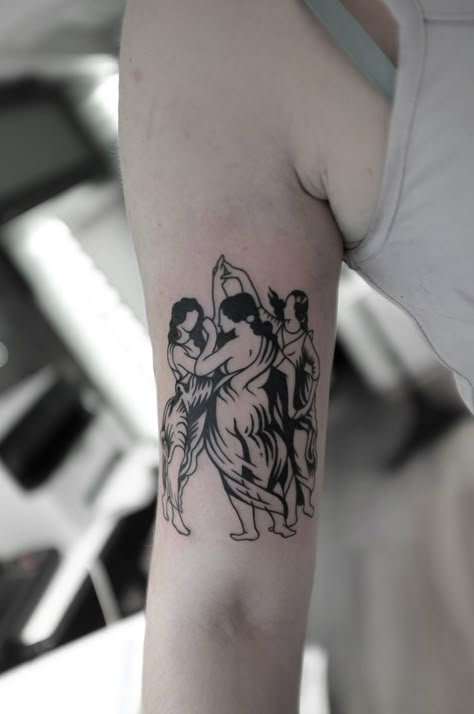 3 Graces Tattoo, Art History Tattoo Ideas, Three Graces Tattoo, Medieval Woodcut Tattoo, Art History Tattoo, Greece Tattoo, Grace Tattoos, Woodcut Tattoo, Medieval Tattoo