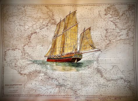 North Atlantic Ocean, Nautical Crafts, Colonial America, Nautical Chart, Ink Watercolor, Tall Ships, Shell Crafts, Watercolor Ink, Outsider Art