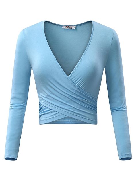 KIRA Women's Deep V Neck Long Sleeve Unique Cross Wrap Slim Fit Crop Tops ... at Amazon Women’s Clothing store: Fitted Crop Top, Slim Fit Crop Top, Bodysuit Tops, Wrap Crop Tops, Wrap Shirt, Small Crop Tops, Unique Shirt, Cute Crop Tops, Crop Top Shirts