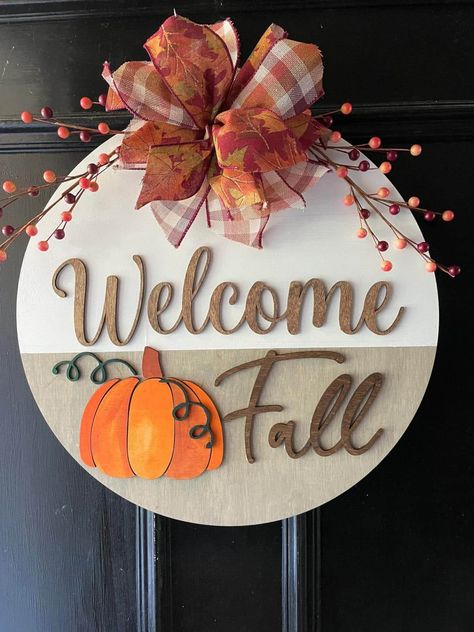 40 Fall Decor Front Door Ideas Fall Front Door Decor, Fall Door Hanger, Door Signs Diy, Wooden Door Hanger, Front Door Sign, Signs Diy, Fall Door Hangers, Round Wood Sign, Fall Front Door