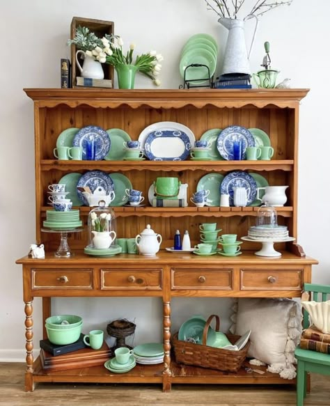 China Cabinet Arrangement, Vintage Hutch Decorating Ideas, Dining Room Server Decor Ideas, Hutch Decorating Ideas Modern, China Cabinet In Kitchen, Kitchen Hutch Styling, Top Of Cabinet Decor Kitchen, Hutch Decorating Ideas Display, Cabinet Shelf Styling