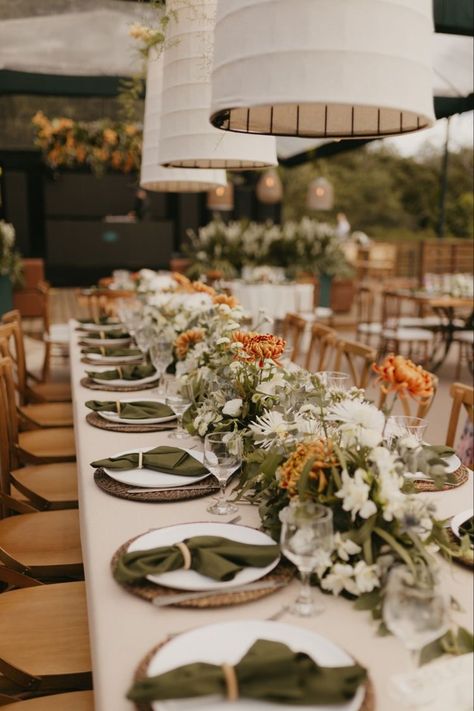 Burnt Orange And Green Table Decor, Sage Green And Terracotta Wedding Reception, Sweetheart Table Wedding Sunflower, Terracotta Green Cream Wedding, Sage Green And Clay Wedding, Olive Green Theme Birthday Party, Rust Olive Green Wedding, Burnt Orange Decorations Party, Green And Burnt Orange Wedding Decor