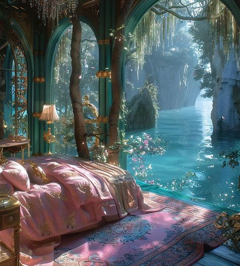 Heavenly Bedroom Aesthetic, Water Bedroom Fantasy Art, Magical House Aesthetic, Mermaid Core Bedroom, Fairy House Aesthetic, Mermaid Aesthetic Room, Ethereal Room Aesthetic, Fairy Home Aesthetic, Surreal Bedroom