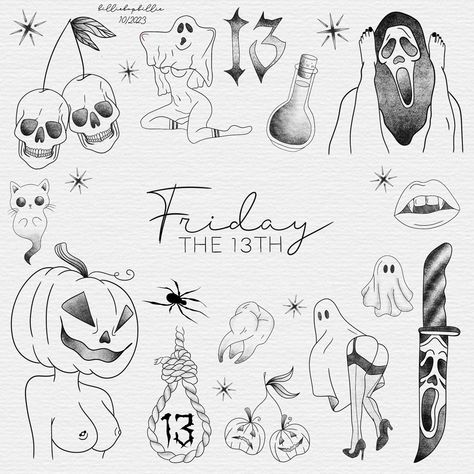 Black and grey. Dot work shading. Cowboys boots, snake, ying yang, chanel, bag, phoenix, fire, flowers, cherry, balloon dog, dolphin, boots, butterfly. Red tattoos. By @billietats Girly Halloween Flash Tattoo, 2x2 Halloween Tattoos, Pumpkin Skull Tattoo, Halloween Style Tattoos, Ghost Face Flash Tattoo, Ghost Flash Art, Friday 13th Flash Sheet, Halloween Flash Tattoo Simple, Cute Scream Tattoo