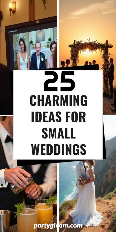 Looking to create an unforgettable small wedding? Here are 25 creative ideas that will make your celebration truly special. From inviting guests virtually to ensure they're part of your day to planning a stunning weekday ceremony at sunrise or sunset, your wedding day can be unique and intimate. Consider incorporating a signature cocktail experience or even choosing a breathtaking destination wedding location to add a touch of magic. These small wedding ideas are designed to help you celebrate love in a memorable way! Small September Wedding, Low Key Elegant Wedding, Private Wedding Ceremony Ideas, Small Ceremony Decor, Unique Small Wedding Ideas, Ideas For Small Weddings, Small Destination Wedding, Cheap Backyard Wedding, Destination Wedding Budget