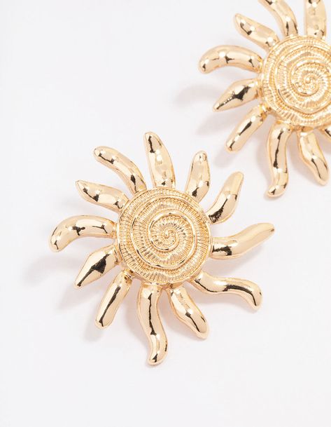 Statement Stud Earrings, Sun Pattern, Adding Details, Ear Stack, Gold Sun, Unique Earrings, Stud Earrings, Sun, Gold