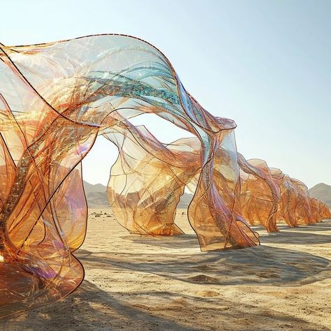 Joshua Vermillion on Instagram: "Strange Objects in the Desert, Midjourney v6 alpha edition. AI-rendered design speculations in the Mojave Desert. #midjourneyarchitecture #ArchDaily #diffusion_architecture #DesignTherapy #design #designers #designers_need #architecture #futurearchitect #architecturalwonder #architectanddesign #whaleitarchitecture #ArchFeed #midjourneyartwork #midjourneygallery #dailymidjourney #designmidjourney #aiartcommunity #aidesign #airendering #architecturelovers #designboom #thebestnewarchitects #aiarchitecture #artificialintelligenceart #aiinarchitecture #dezeen #midjourneyart #midjourneyai" Textile Architecture, Earth Installation, Desert Installation, Sand Art Installation, Mirage In Desert, Joshua Tree Art Installation, Future Thinking, Marcel Wanders, Parametric Architecture