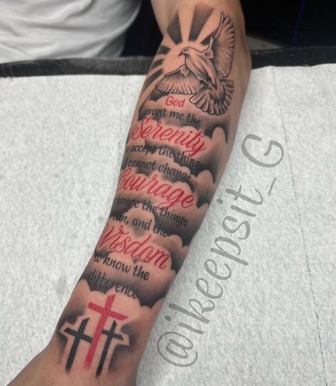 Prayer Tattoos For Women, Men's Arm Tattoo, Outside Forearm Tattoo Men Ideas, Outer Forearm Tattoo Men Ideas, Real Tattoo Designs, Forarms Tattoo Designs Men, Best Forearm Tattoos For Men Ideas, God Tattoos For Men, Sombras Tattoo