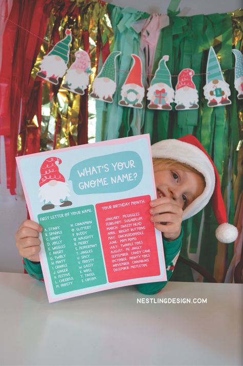 {Free Printable} What's Your Gnome Name? — Nestling Design Gnome Christmas Party Theme, Gnome Christmas Party Ideas, Gnome Christmas Party Games, Gnome Party Games, Gnome Breakfast, Gnome Party Ideas, Gnome Tags, Gnome Names, Gnome Birthday