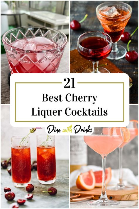 Collage of 4 cherry liquer cocktails. Dr Mcgillicuddy Recipes Cherry, Maraschino Cherry Liquor Recipes, Cherry Pie Cocktail, Cherry Whiskey Paralyzer, Cherry Liquor Cocktails, Cherry Dr Mcgillicuddy Drinks, Cherry Schnapps Drinks, Cherry Liquor Recipes, Cherry Brandy Cocktails