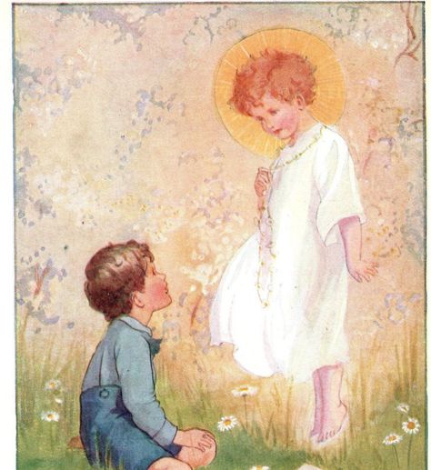 "\"Little Jesus, Was Thou Shy Once, and Just So Small As I?\". This beautiful antique print is from the Fifth Edition book \"Verses for Children\" illustrated by Margaret W. Tarrant; edited by Harry Golding and published by Ward, Lock & Co Ltd, London & Melbourne. It will add charm to baby's nursery or child's room, and also makes a unique gift for loved ones, baby showers, and new baby occasions. Measuring approx. 5¾\" x 8\" (14.5cm x 20.5cm), it is printed on semi-gloss paper, blank on the reverse and is signed in the plate. Because of its age, there is some light tanning around the borders which adds to its charm, but does not detract from its beauty.  Margaret Winifred Tarrant (1888-1959) was a much-celebrated English illustrator and children's author who specialised in depictions of f Margaret Tarrant, Baby Shower Unique, Catholic Kids, Religious Illustration, Childs Room, Child Jesus, Artists For Kids, Holy Mary, Childrens Illustrations