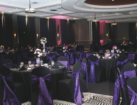 Purple And Black Wedding Venues, Black Navy Purple Wedding, Black And Purple Reception Ideas, Black And Amethyst Wedding, Black Purple Wedding Decor, Wedding Dresses Black And Purple, Wedding Ideas Black And Purple, Purple Silver And Black Wedding Ideas, Black Pink And Purple Wedding