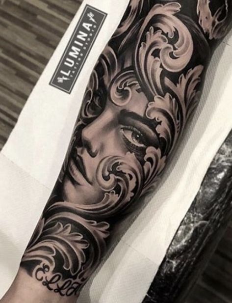 Charcoal Ideas, Left Arm Tattoos, Traditional Tattoo Designs, Lion Head Tattoos, Forarm Tattoos, Chicano Art Tattoos, Dark Art Tattoo, Arm Sleeve Tattoos, Dark Tattoo