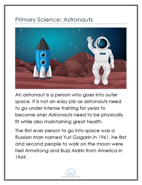 Primary Science: Astronauts - Mr Greg's English Cloud English Reading Skills, Phonics Reading Passages, First Grade Reading Comprehension, Reading Comprehension For Kids, English Stories For Kids, Short Passage, Reading Comprehension Lessons, Science Stories, Science Reading